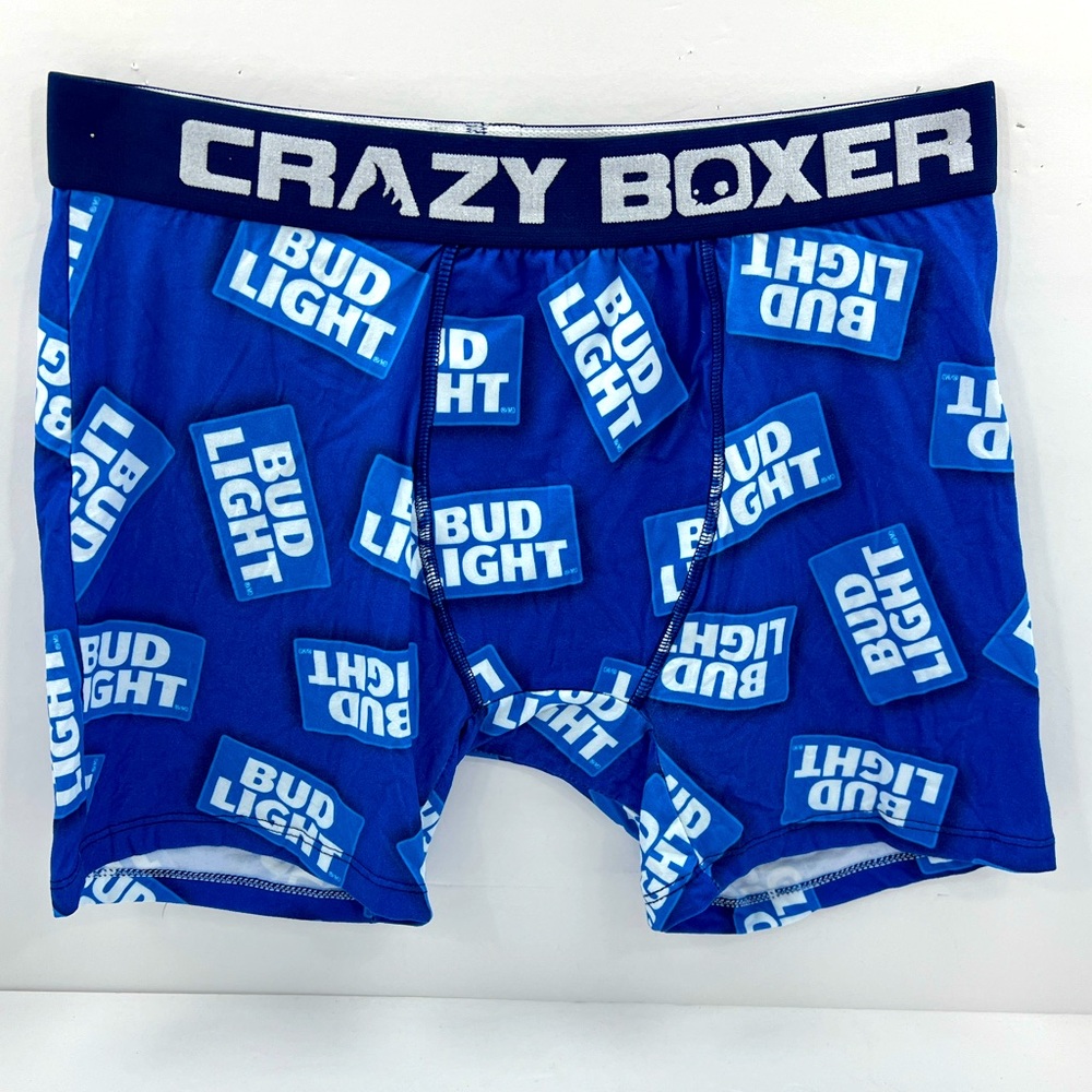 CRAZY, BUD LIGHT BLUE, BOXER BRIEFS WITH LOGOS ALL OVER, BLUE COLOR, LARGE SIZE